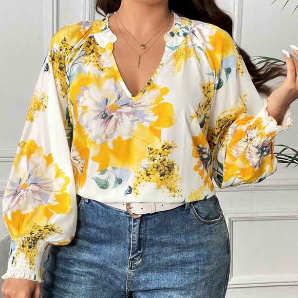 Plus Floral Print Flounce Long Sleeve Blouse - Picture 3 of 4